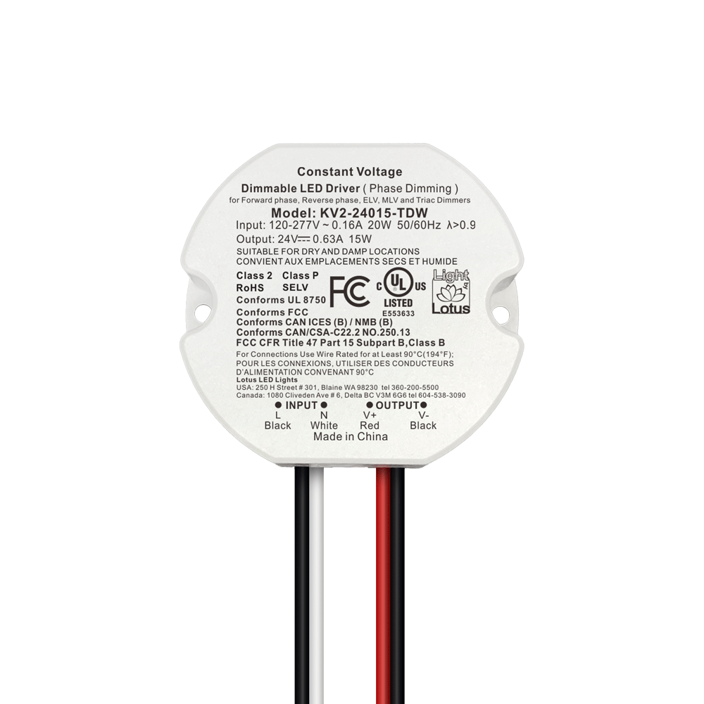 Lotus KV2-24015-TDW standalone miniature 15W-rated 24V DC Class 2 LED driver, TRIAC/ELV/MLV dimmable 5%-100%; no junction box included