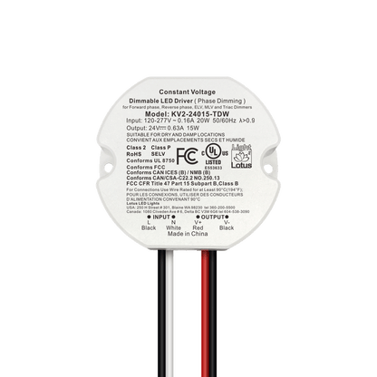 Lotus KV2-24015-TDW standalone miniature 15W-rated 24V DC Class 2 LED driver, TRIAC/ELV/MLV dimmable 5%-100%; no junction box included