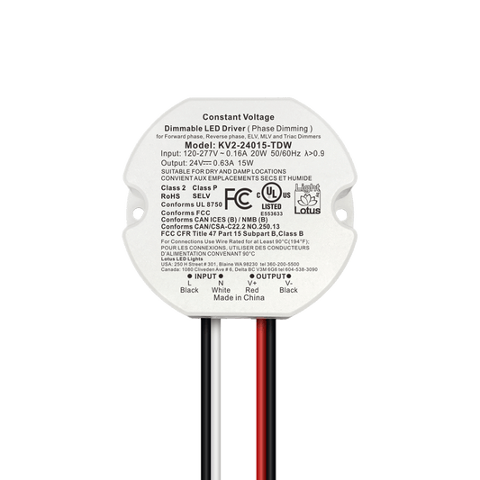 Lotus KV2-24015-TDW standalone miniature 15W-rated 24V DC Class 2 LED driver, TRIAC/ELV/MLV dimmable 5%-100%; no junction box included