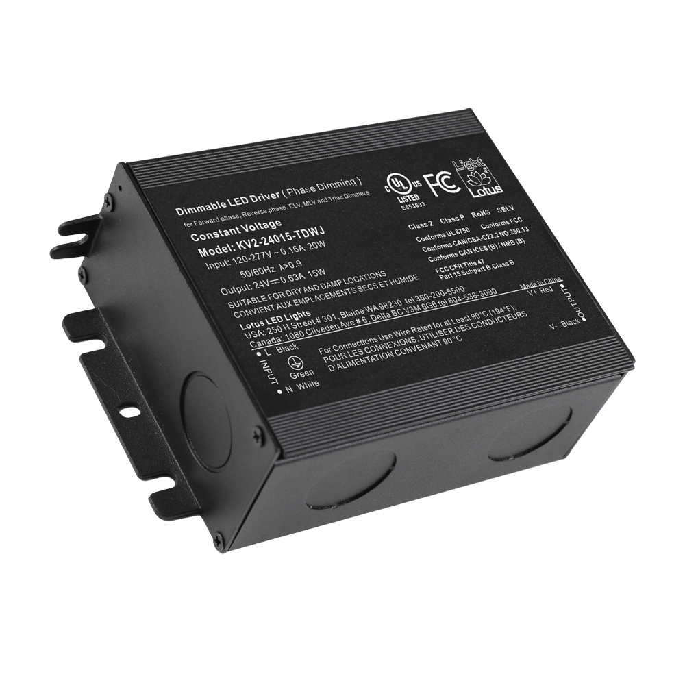 Lotus KV2-24015-TDWJ 15W-rated 24V DC dimmable LED driver INSIDE integrated junction box with four knockouts and ground lead