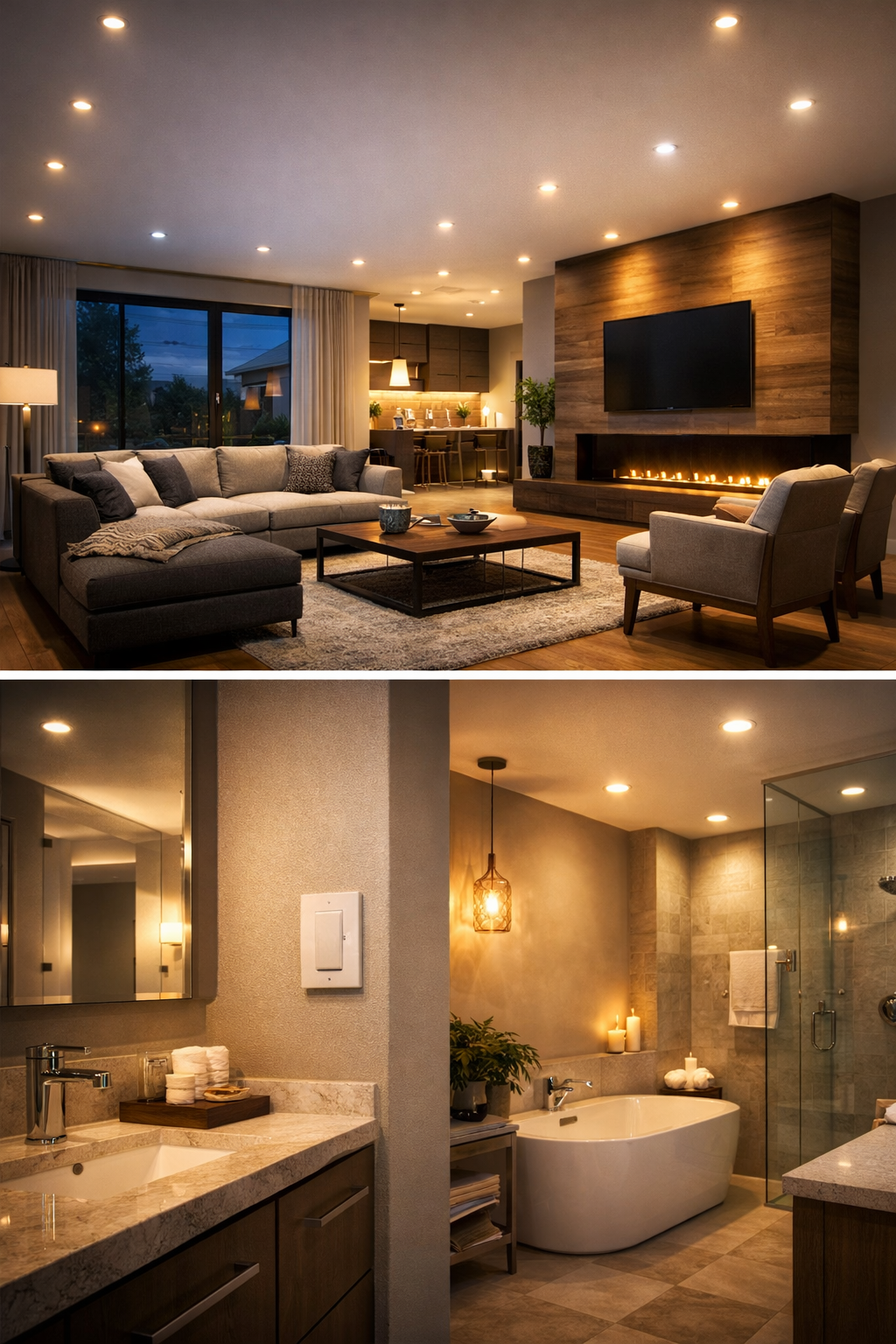 Top: Modern living room with fireplace and TV. Bottom left: Bathroom with sink and mirror.