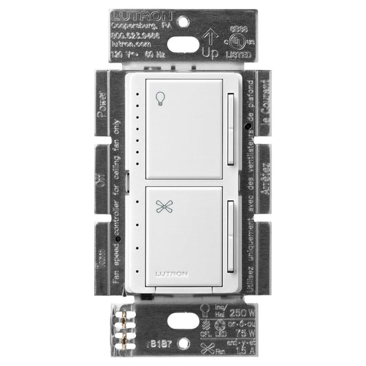 Lutron Maestro Dual LED+ Dimmer and 4-Speed Fan Control, No Neutral Required, 1.5A Fan, 75W LED Light, 120V, Single Pole, MACL-LFQ-SW, Snow White
