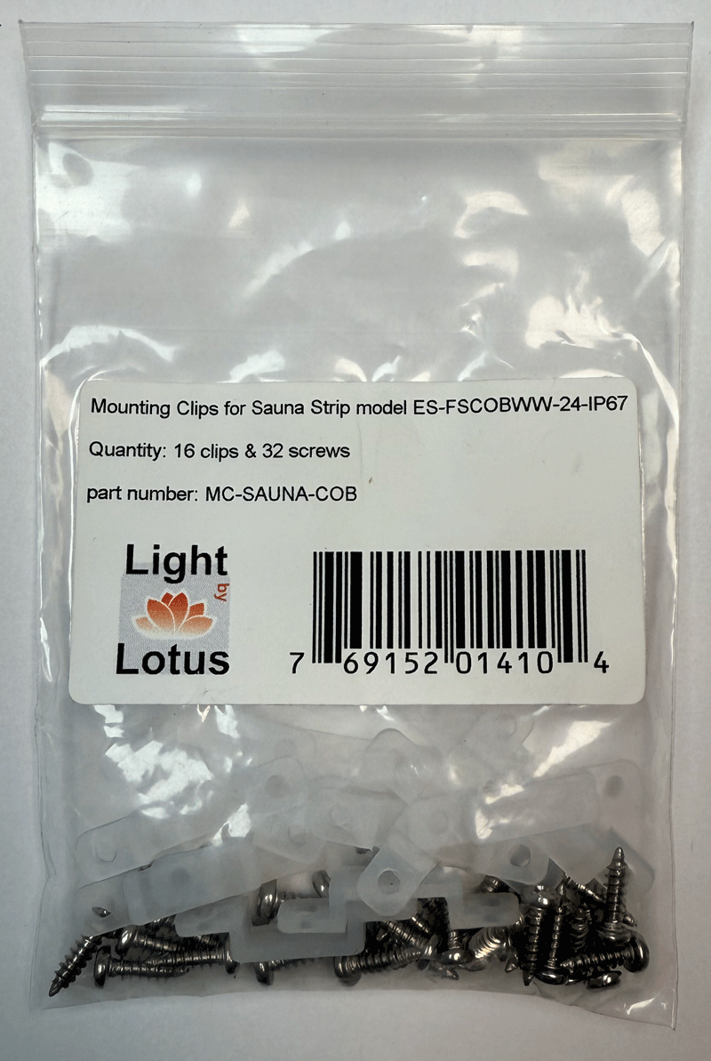 Product Display Visual of the SKU: MC-SAUNA-COB for Marketing of theLotus Mounting Clips for Sauna Strip bag with 16 clips & 32 screws | MC