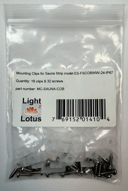 Product Display Visual of the SKU: MC-SAUNA-COB for Marketing of theLotus Mounting Clips for Sauna Strip bag with 16 clips & 32 screws | MC