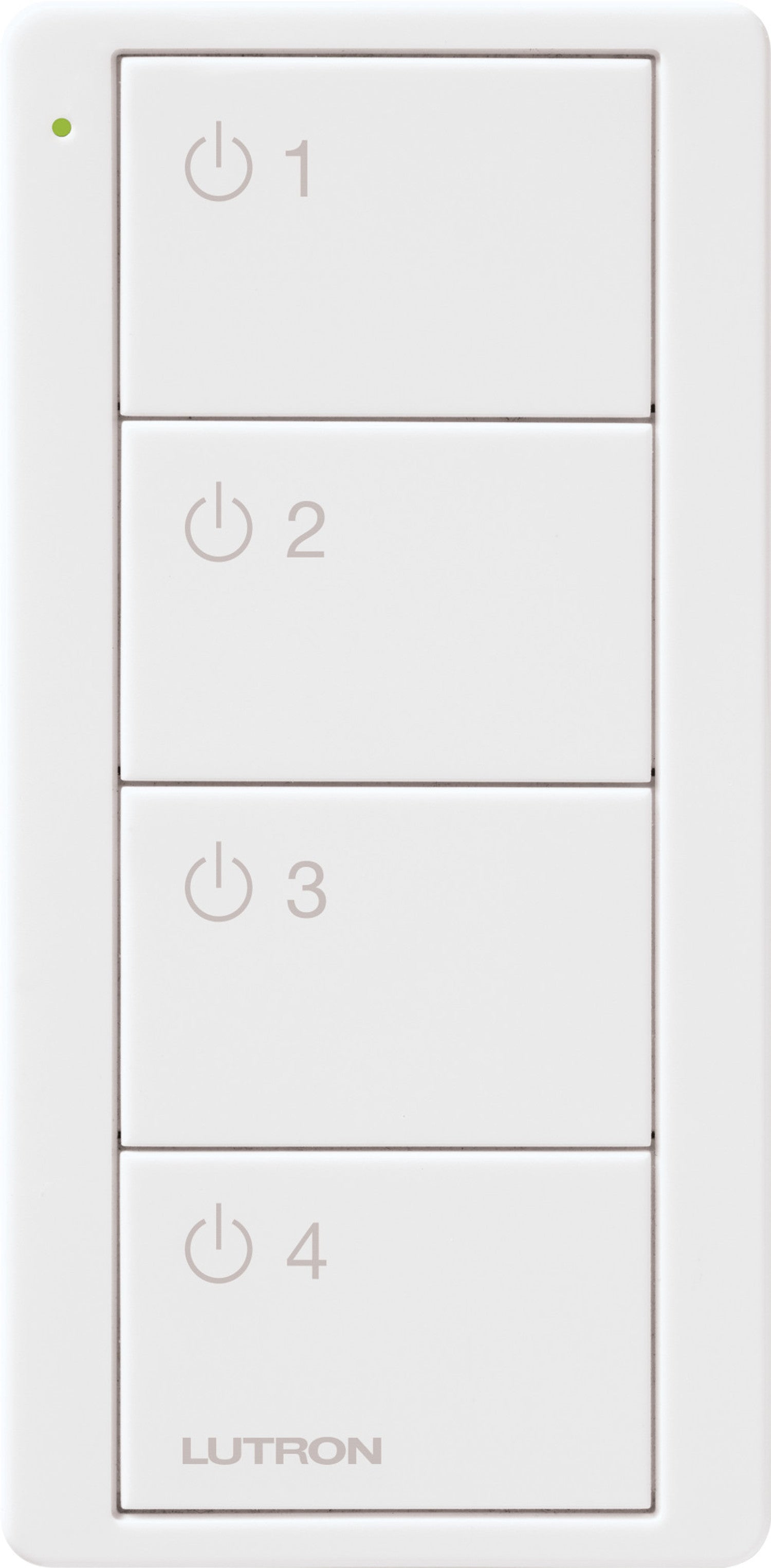 Product Display Visual of the SKU: PJ2-4B-GWH-L41 for Marketing of theLutron Pico Smart Remote, 4-Button 4-Group Toggle (Light Icons) | PJ2-4B-XX-L41
