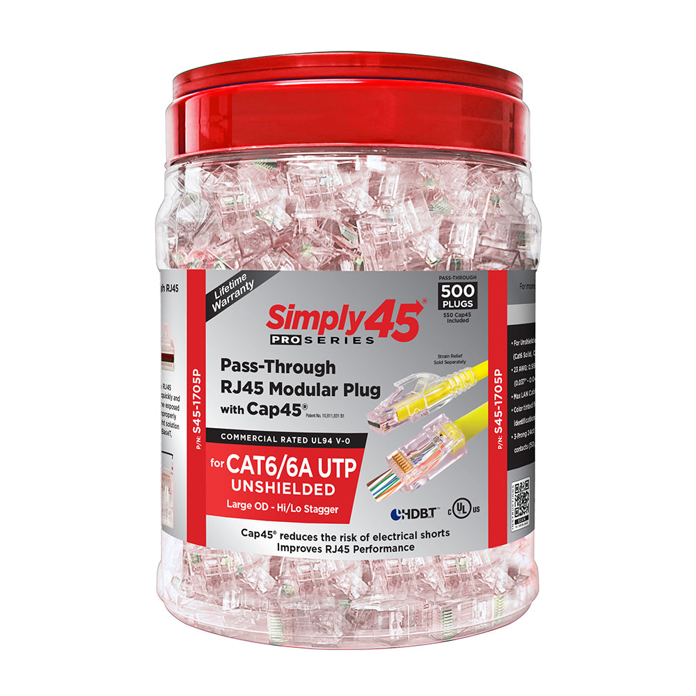 S45-1705P Simply45 PROSeries Cat6/6A pass-through RJ45 modular plugs 500 piece jar red tint
