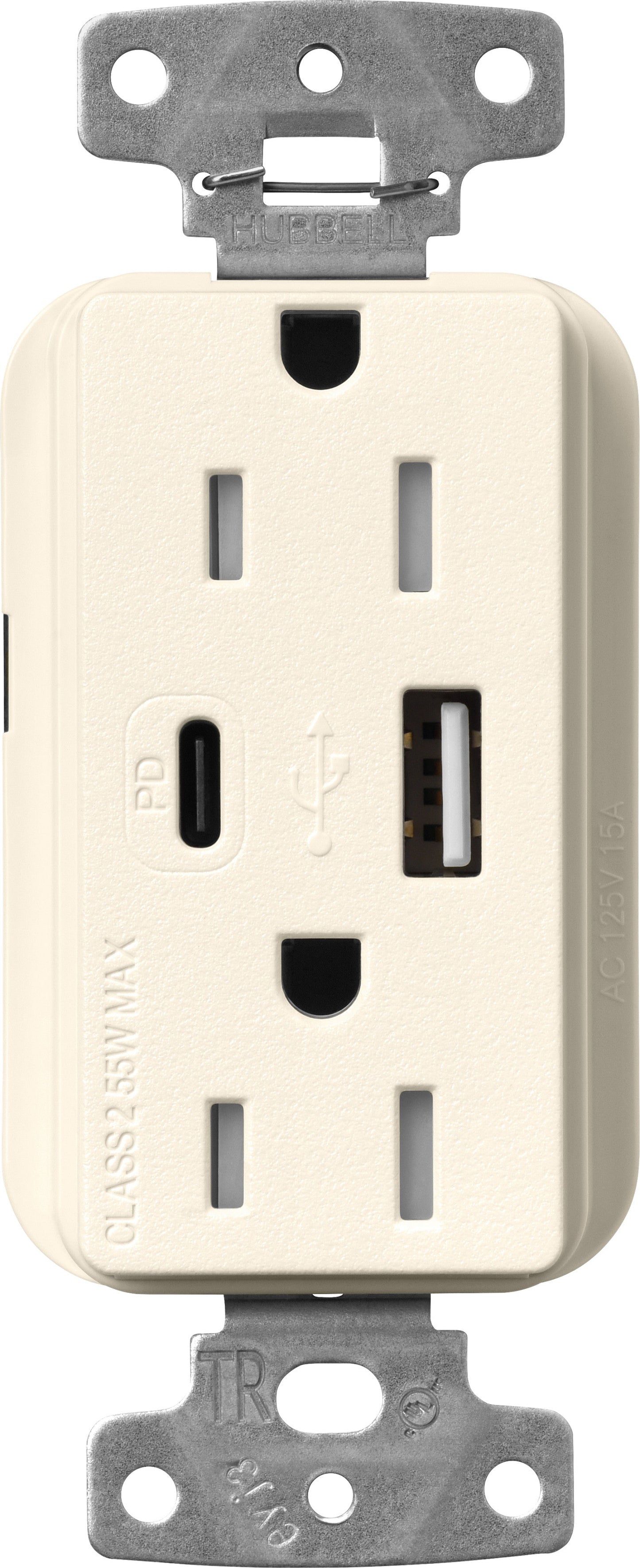Lutron Claro SCR-15-ACTR-BI USB-A + USB-C PD duplex receptacle, satin finish, Biscuit