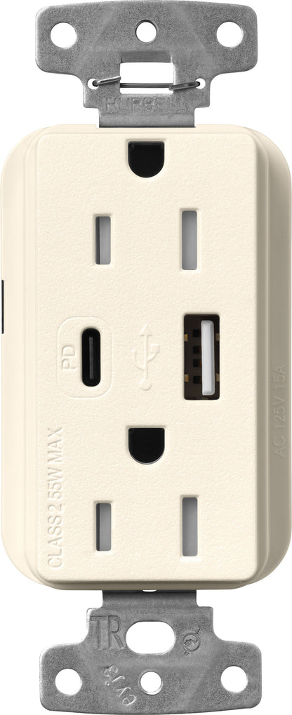 Lutron Claro SCR-15-ACTR-BI USB-A + USB-C PD duplex receptacle, satin finish, Biscuit