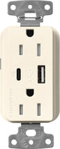 Lutron Claro SCR-15-ACTR-BI USB-A + USB-C PD duplex receptacle, satin finish, Biscuit