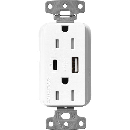 Lutron Claro SCR-15-ACTR-BW USB-A + USB-C PD duplex receptacle, satin finish, Brilliant White