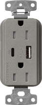 Lutron Claro SCR-15-ACTR-CS USB-A + USB-C PD duplex receptacle, satin finish, Cobblestone