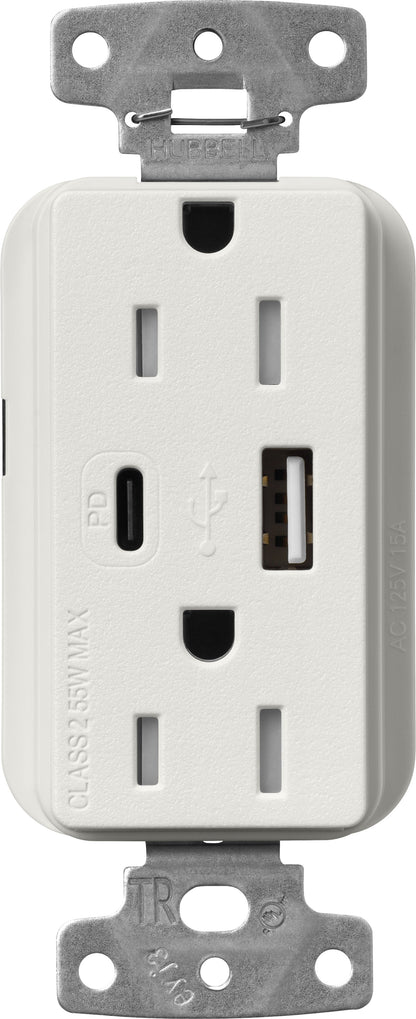 Lutron Claro SCR-15-ACTR-LG USB-A + USB-C PD duplex receptacle, satin finish, Lunar Gray