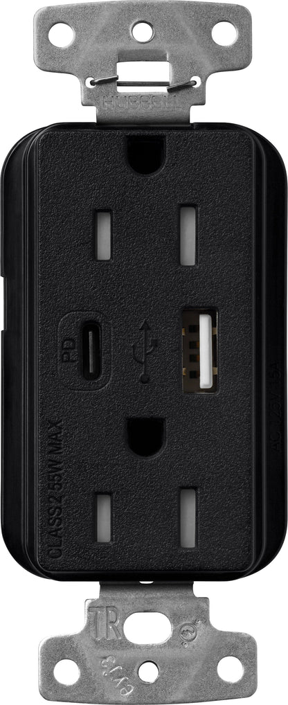 Lutron Claro SCR-15-ACTR-MN USB-A + USB-C PD duplex receptacle, satin finish, Midnight
