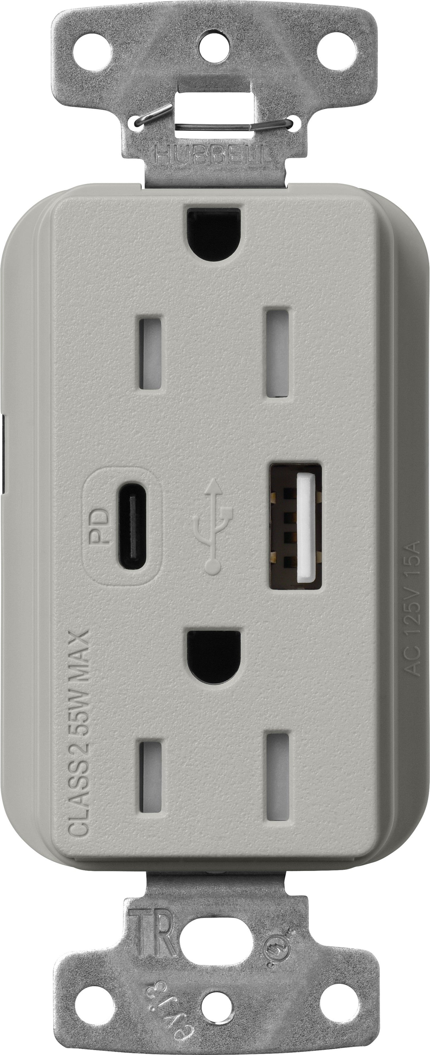Lutron Claro SCR-15-ACTR-PB USB-A + USB-C PD duplex receptacle, satin finish, Pebble