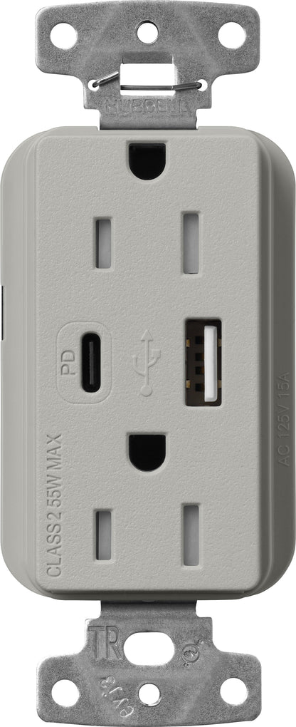 Lutron Claro SCR-15-ACTR-PB USB-A + USB-C PD duplex receptacle, satin finish, Pebble
