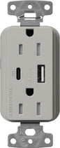 Lutron Claro SCR-15-ACTR-PB USB-A + USB-C PD duplex receptacle, satin finish, Pebble