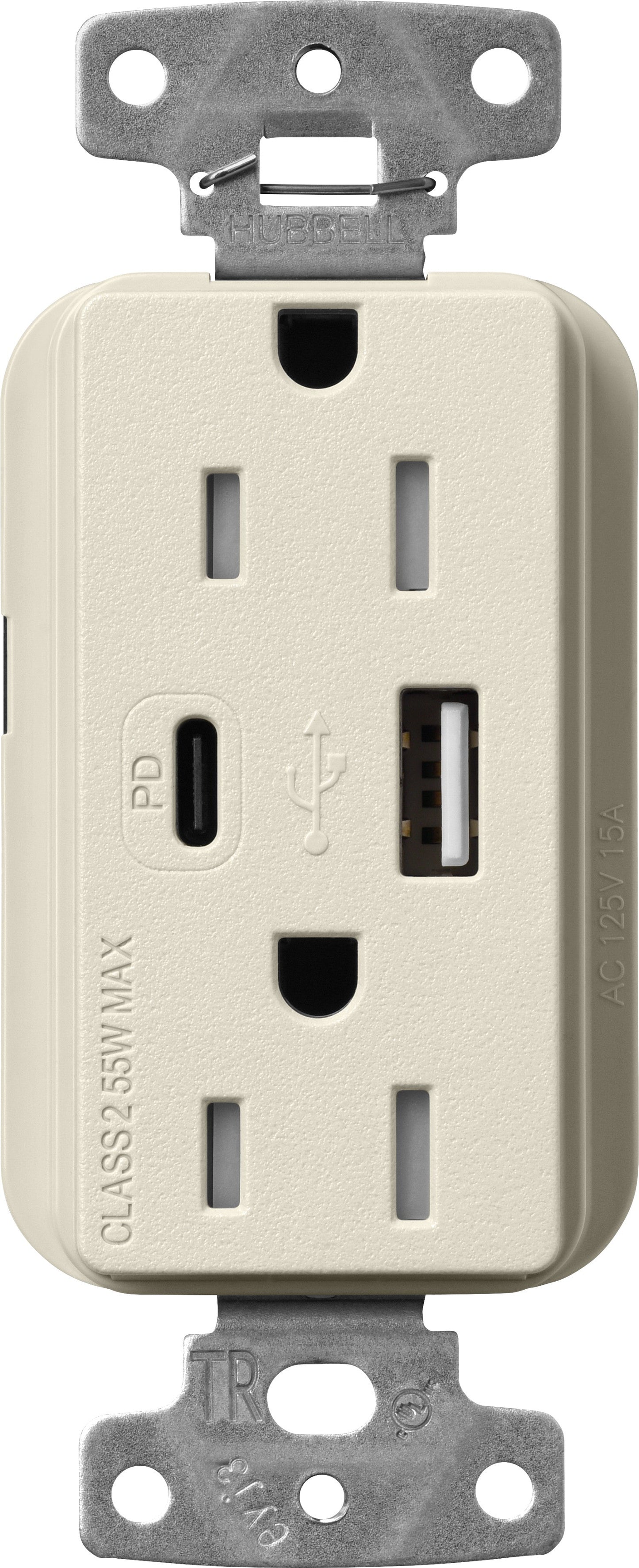 Lutron Claro SCR-15-ACTR-PM USB-A + USB-C PD duplex receptacle, satin finish, Pumice