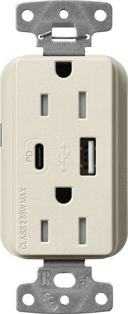 Lutron Claro SCR-15-ACTR-PM USB-A + USB-C PD duplex receptacle, satin finish, Pumice