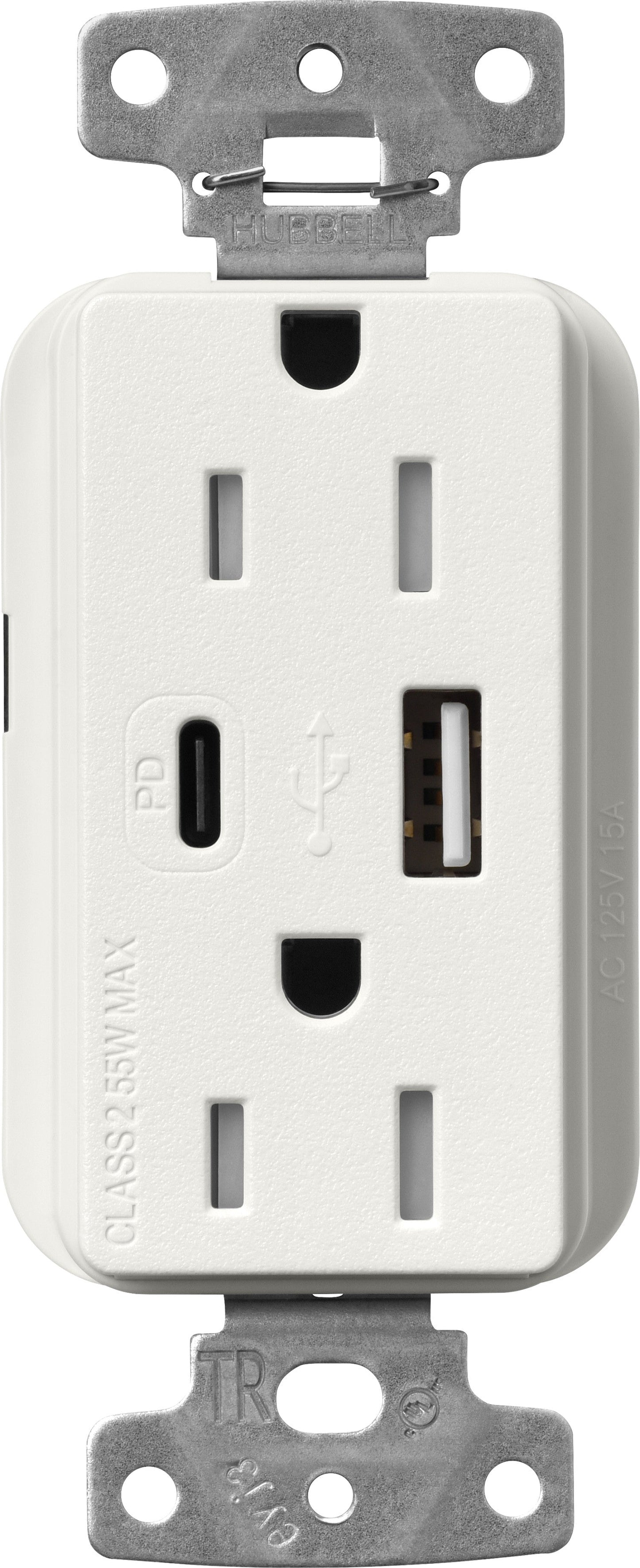 Lutron Claro SCR-15-ACTR-RW USB-A + USB-C PD duplex receptacle, satin finish, Architectural White