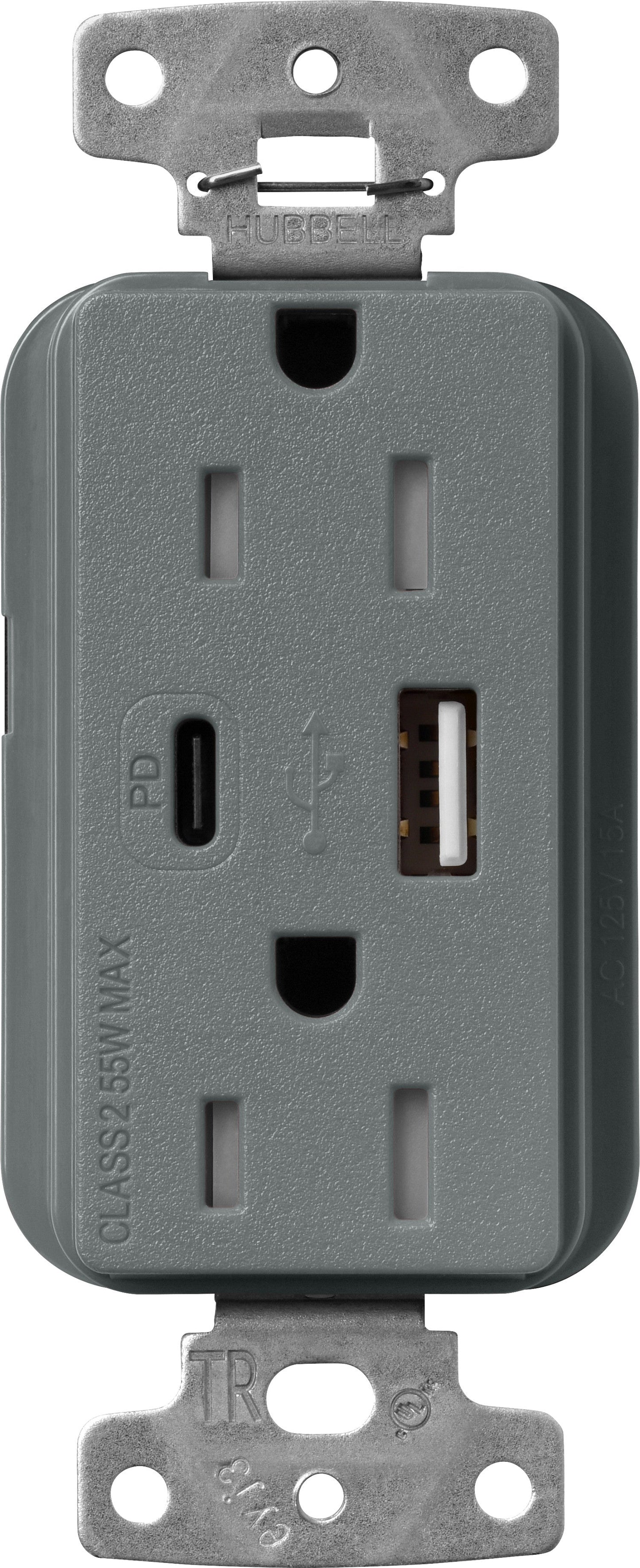 Lutron Claro SCR-15-ACTR-SL USB-A + USB-C PD duplex receptacle, satin finish, Slate