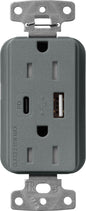 Lutron Claro SCR-15-ACTR-SL USB-A + USB-C PD duplex receptacle, satin finish, Slate
