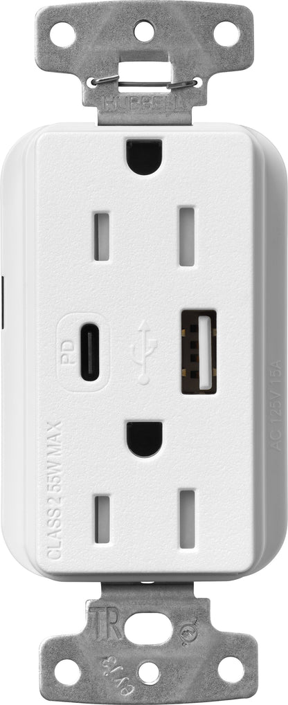 Lutron Claro SCR-15-ACTR-SW USB-A + USB-C PD duplex receptacle, satin finish, Snow White