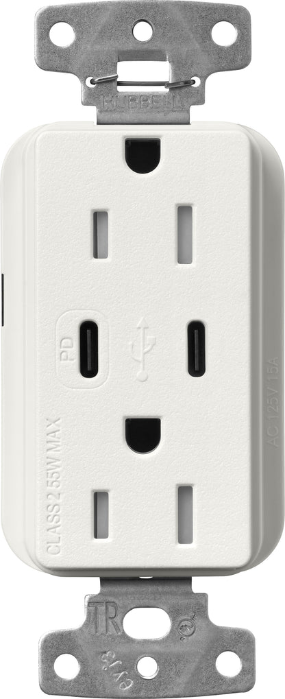 Lutron Claro SCR-15-CCTR-RW Dual USB-C (1 PD) duplex receptacle, satin finish, Architectural White
