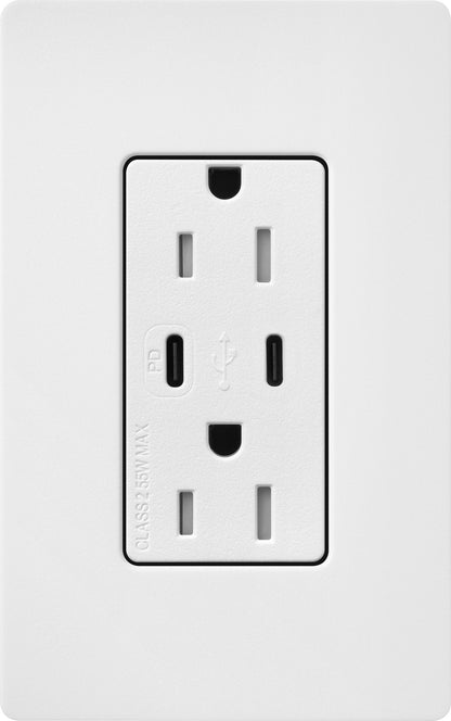 Lutron Claro SCR-15-CCTR-SW Dual USB-C (1 PD) duplex receptacle, satin finish, Snow White
