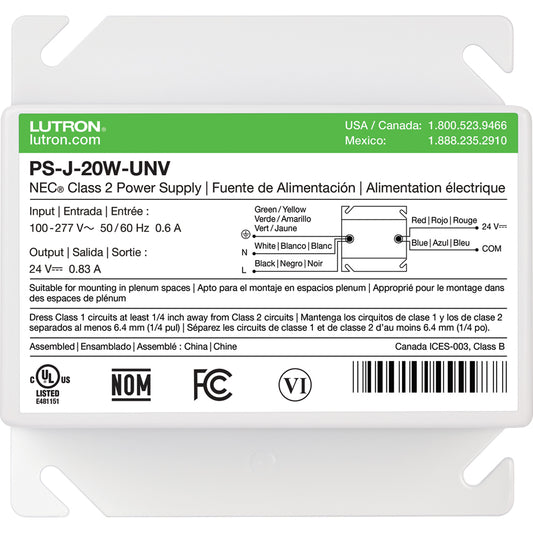 Lutron 24V DC 20W Junction Box Mount Power Supply | PS-J-20W-UNV