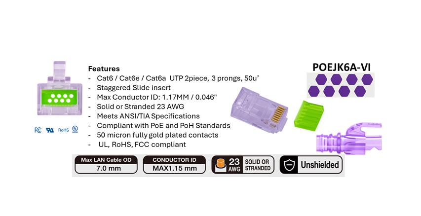 Cat6A/e RJ45 MPTL Staggered Sled Crimp Ends - 100-Pack Jar, Strain-Relief, Light Violet | POEJK6A-VI