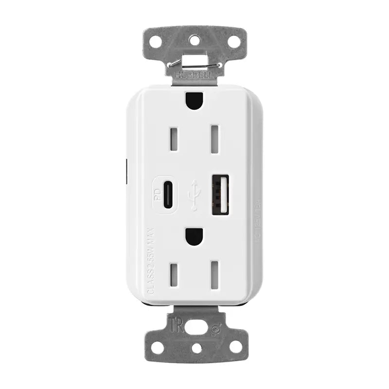 Product Display Visual of the SKU: CAR-15-ACTR-WH for Marketing of theLutron Claro 15A Tamper-Resistant Wall Outlet with Ultra-Fast 55W USB-C PD & USB-A - Gloss Finish | CAR-15-ACTR