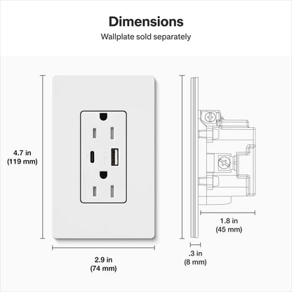 Lutron Claro 15A Tamper-Resistant Wall Outlet with Dual USB-C (55W PD) - Satin Finish | SCR-15-ACTR