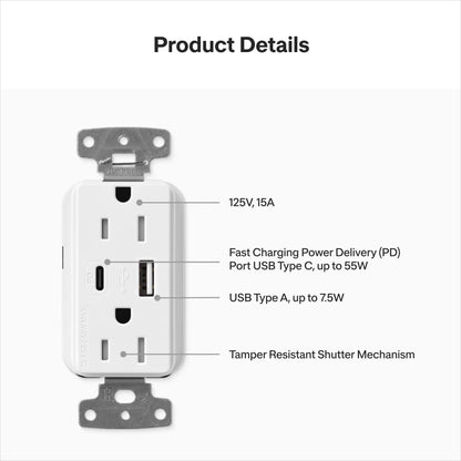 Lutron Claro 15A Tamper-Resistant Wall Outlet with Ultra-Fast 55W USB-C PD & USB-A - Gloss Finish | CAR-15-ACTR