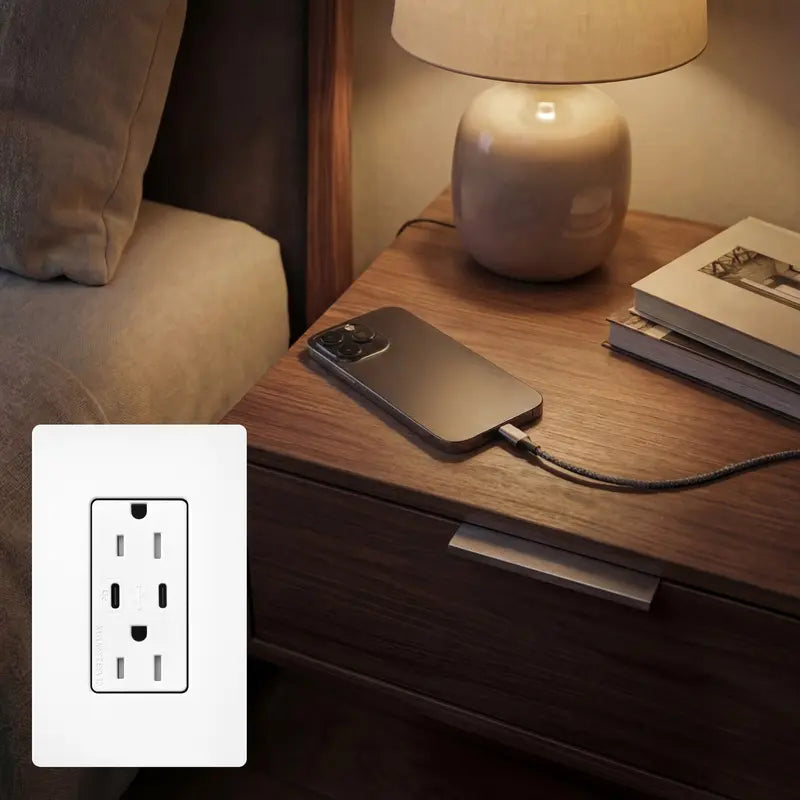 Lutron Claro 15A Tamper-Resistant Wall Outlet with Dual USB-C (55W PD) - Gloss Finish | CAR-15-CCTR