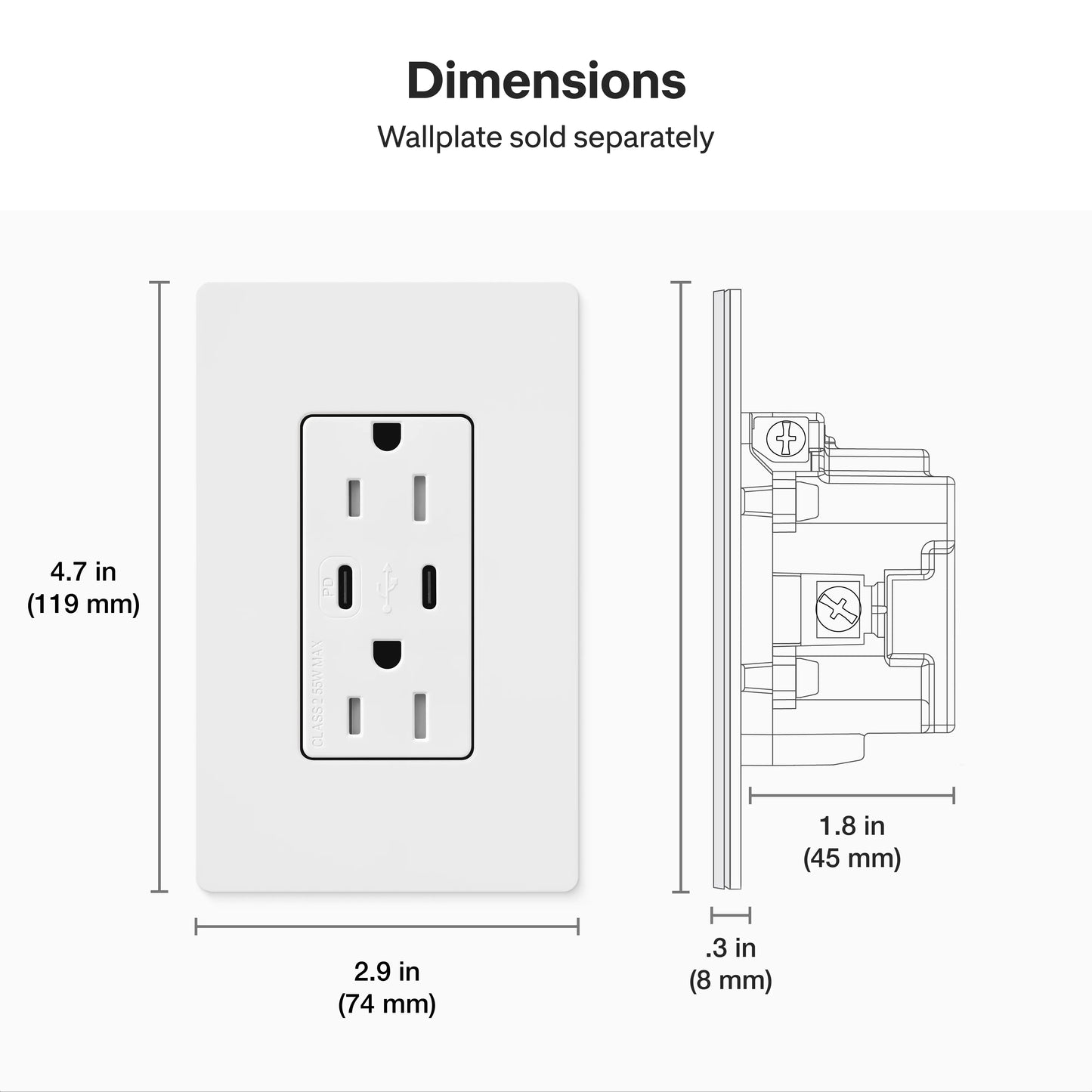 Lutron Claro 15A Tamper-Resistant USB Receptacle - 55W USB-C PD + Dual USB-C | SCR-15-CCTR