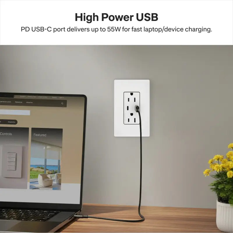 Lutron Claro 15A Tamper-Resistant USB Receptacle - 55W USB-C PD + Dual USB-C | SCR-15-CCTR
