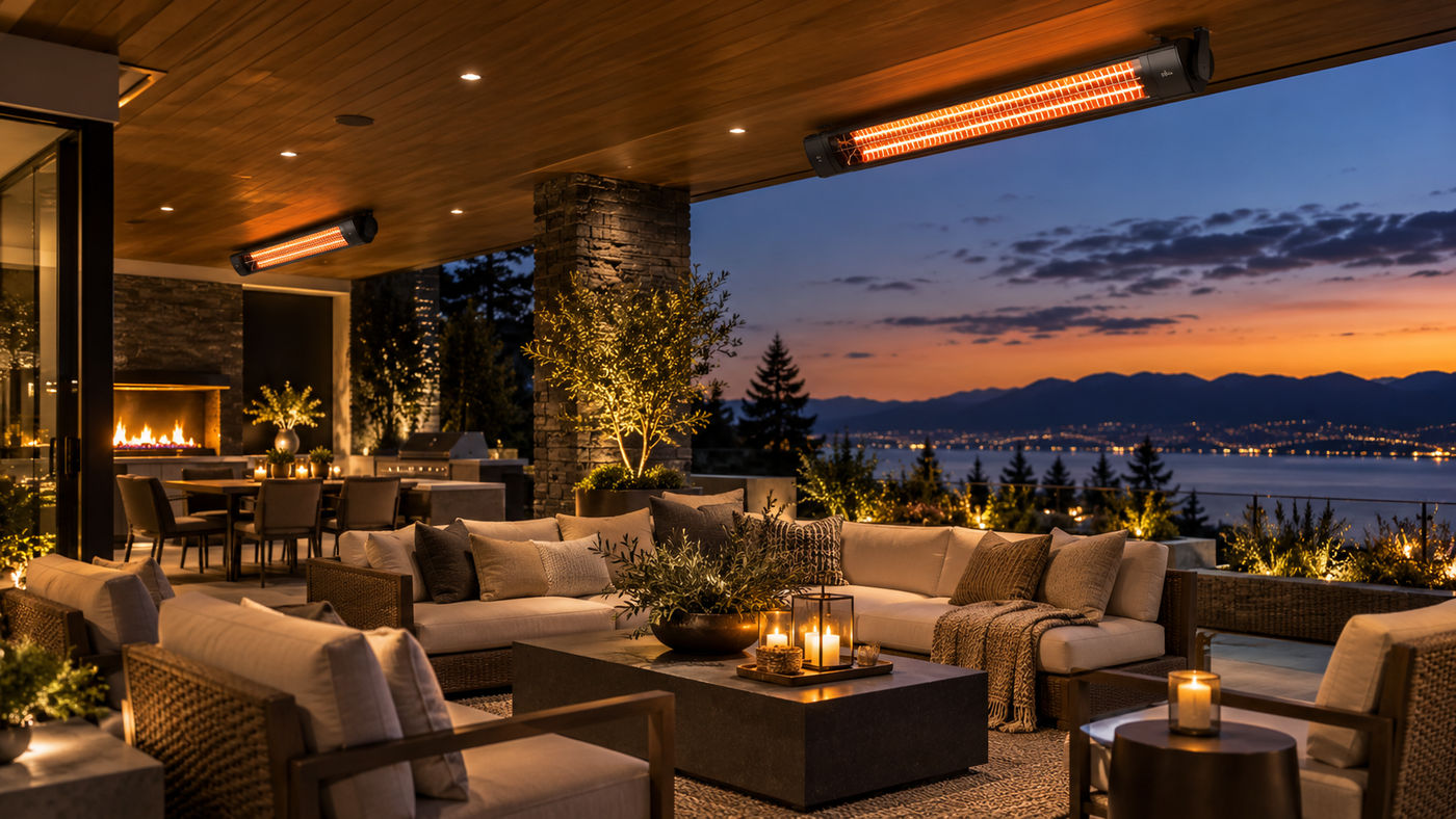 Architectural outdoor-living concept illustration with infrared heating, not an actual BUNDLE11 installation