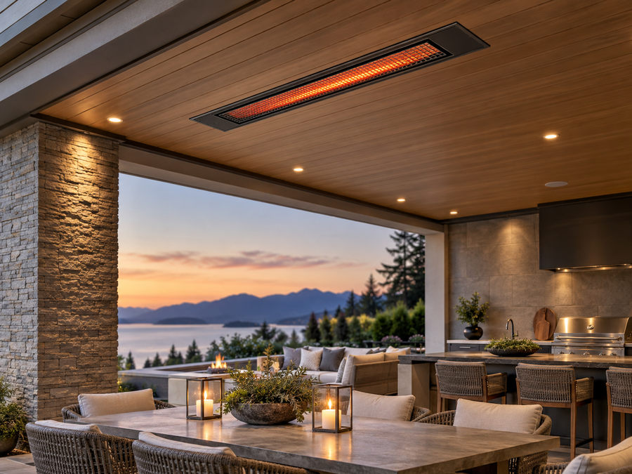 Architectural concept illustration of recessed patio heating; not a documented installation