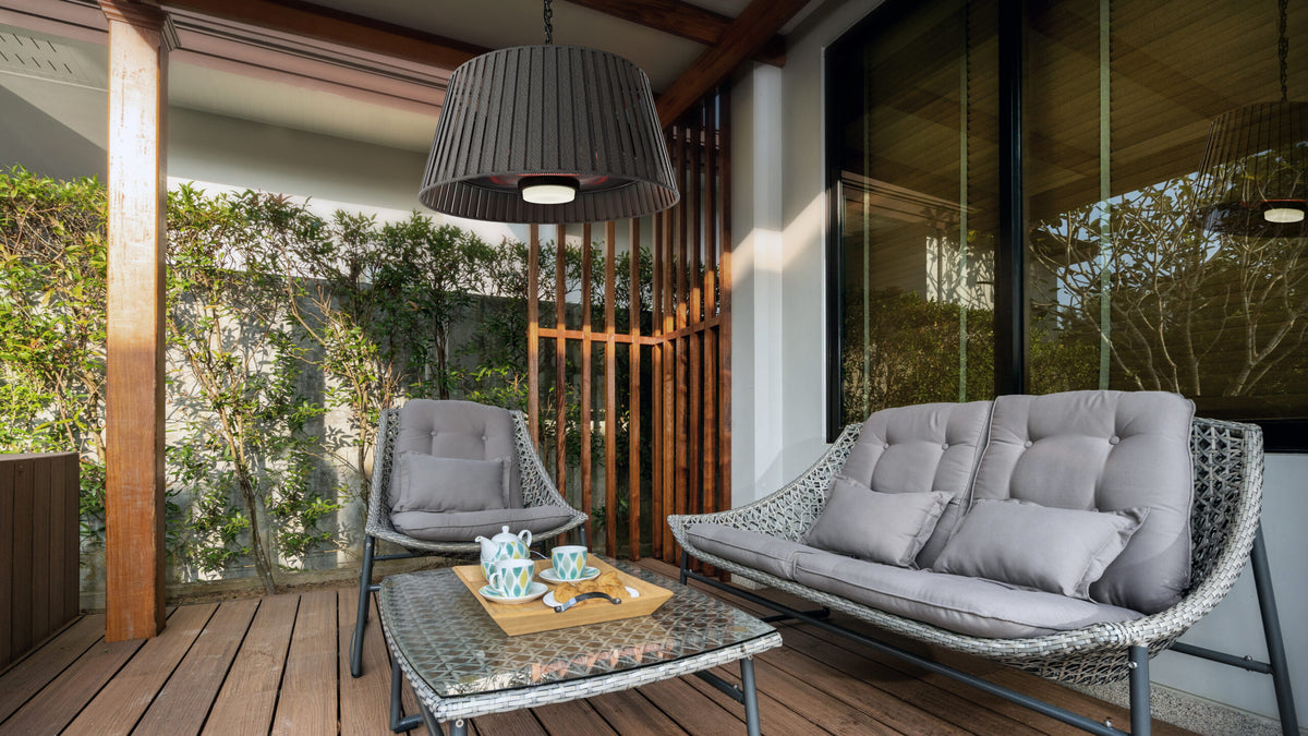 Eurofase EFH0139 Vellura pendant 1500W heater and LED lamp — manufacturer lifestyle setting