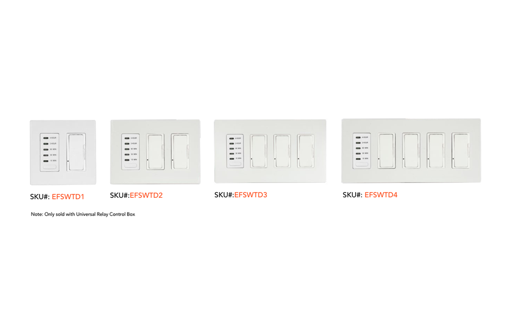 Official Eurofase EFSWTD1, EFSWTD2, EFSWTD3 and EFSWTD4 white timer and dimmer wall control variants