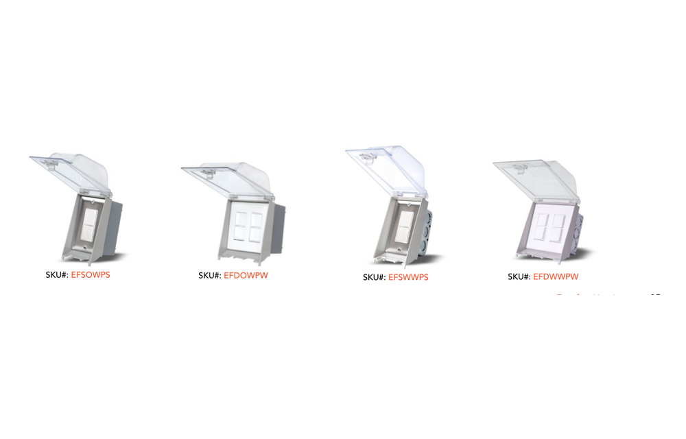 Eurofase manufacturer weatherproof on/off switch options showing surface and flush-mount single and dual configurations; finishes shown are illustrative