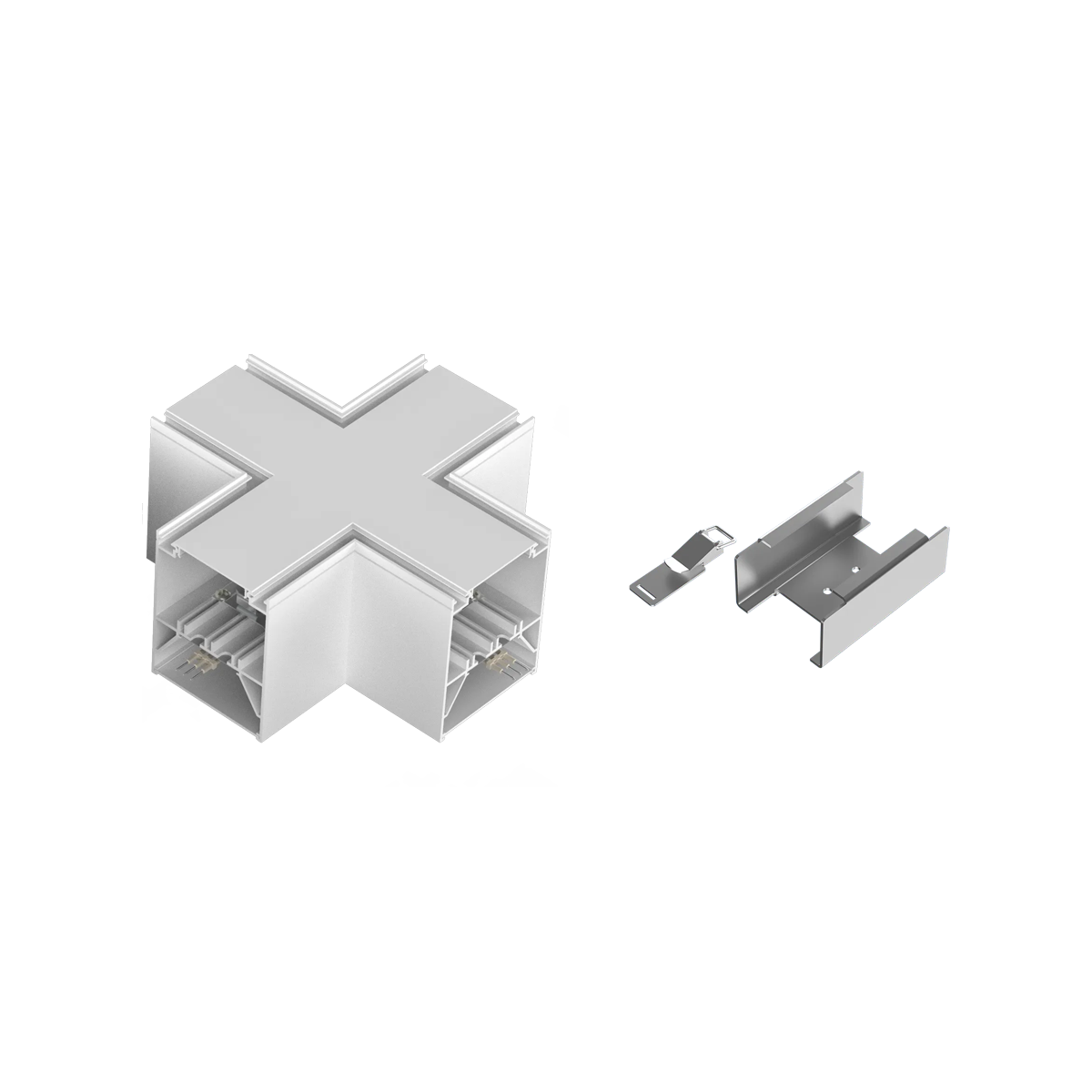 Product Display Visual of the SKU: RENO-TLSN-MCCT-X-WH-G2 for Marketing of theReno X Connector for Architectural Strip 

White Finish | RENO-TLSN-MCCT-X-WH-G2