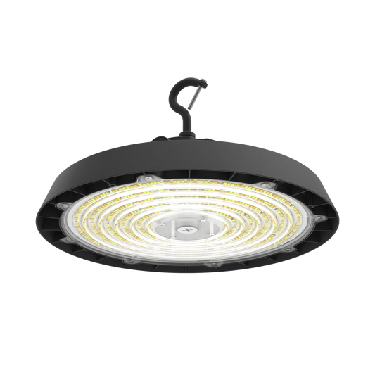 Reno Orion - UFO Highbay R2 | BeamFlex™ Adjustable Beam Angle Technology: 60°/90°/120° | Selectable Wattage 120/160/200/250W | Up to 180LM/W | Selectable CCT 35/40/50K | 10FT Cord | 120-347V | 0-10V Dim | RENO-HBU-250W-DV-MCCT-ABA-R2 / R34233, R34234 — Color: Black