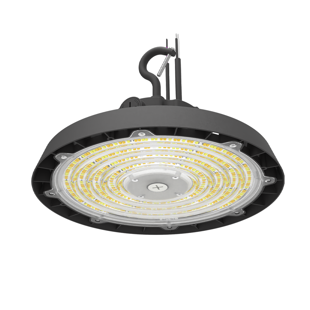Reno Orion - UFO Highbay R1 | BeamFlex™ Adjustable Beam Angle Technology: 60°/90°/120° | Selectable Wattage 80/100/120/160W | Up to 180LM/W | Selectable CCT 35/40/50K | 10FT Cord | 120-347V | 0-10V Dim | RENO-HBU-160W-DV-MCCT-ABA-R1 / R34231, R34232 — Color: Black