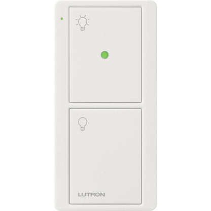 Product Display Visual of the SKU: PJN-2B-GWH-L01 for Marketing of theLutron Pico Wireless Remote with Nightlight (2-button, screen text) | PJN-2B-GXX-L01
