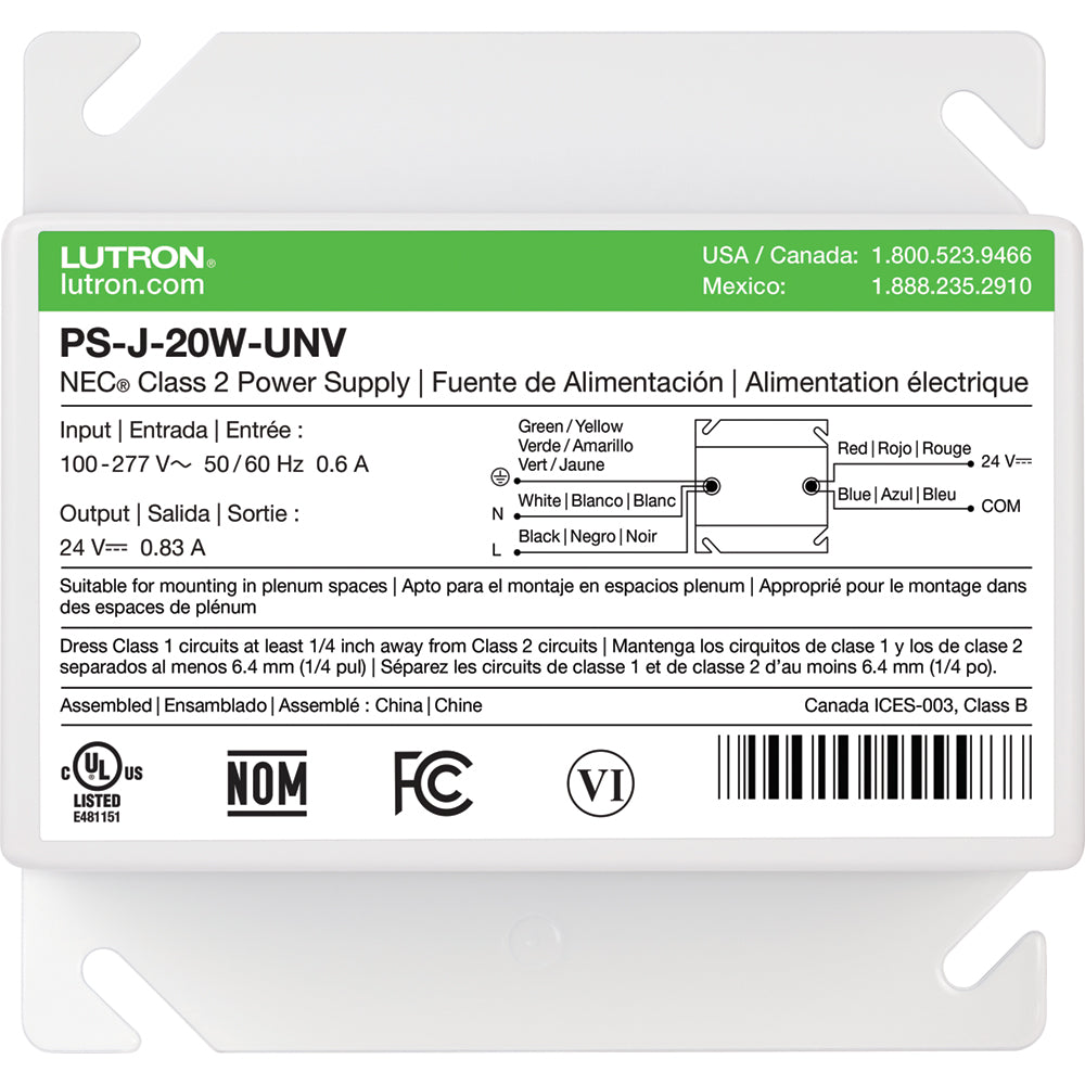 Lutron 24V DC 20W Junction Box Mount Power Supply | PS-J-20W-UNV