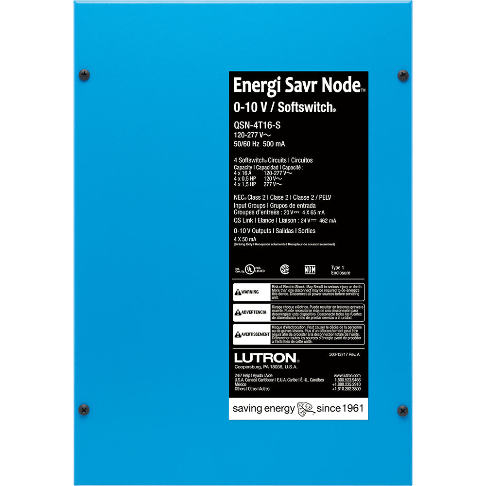 Lutron 4-Zone 16A Softswitch Switching Controller Energi Savr Node | QSN-4S16-S