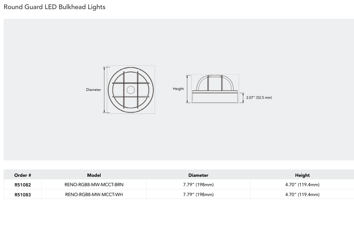 RENO R51082 and R51083 manufacturer dimension illustration 198 mm diameter × 119.4 mm overall height