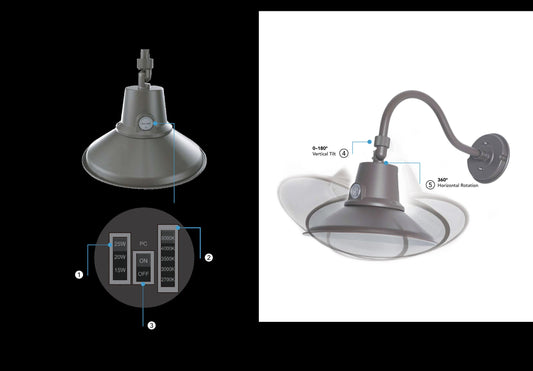 RENO Veil adjustment controls: 15/20/25W, 5 selectable CCTs, photocell switch and manual aiming