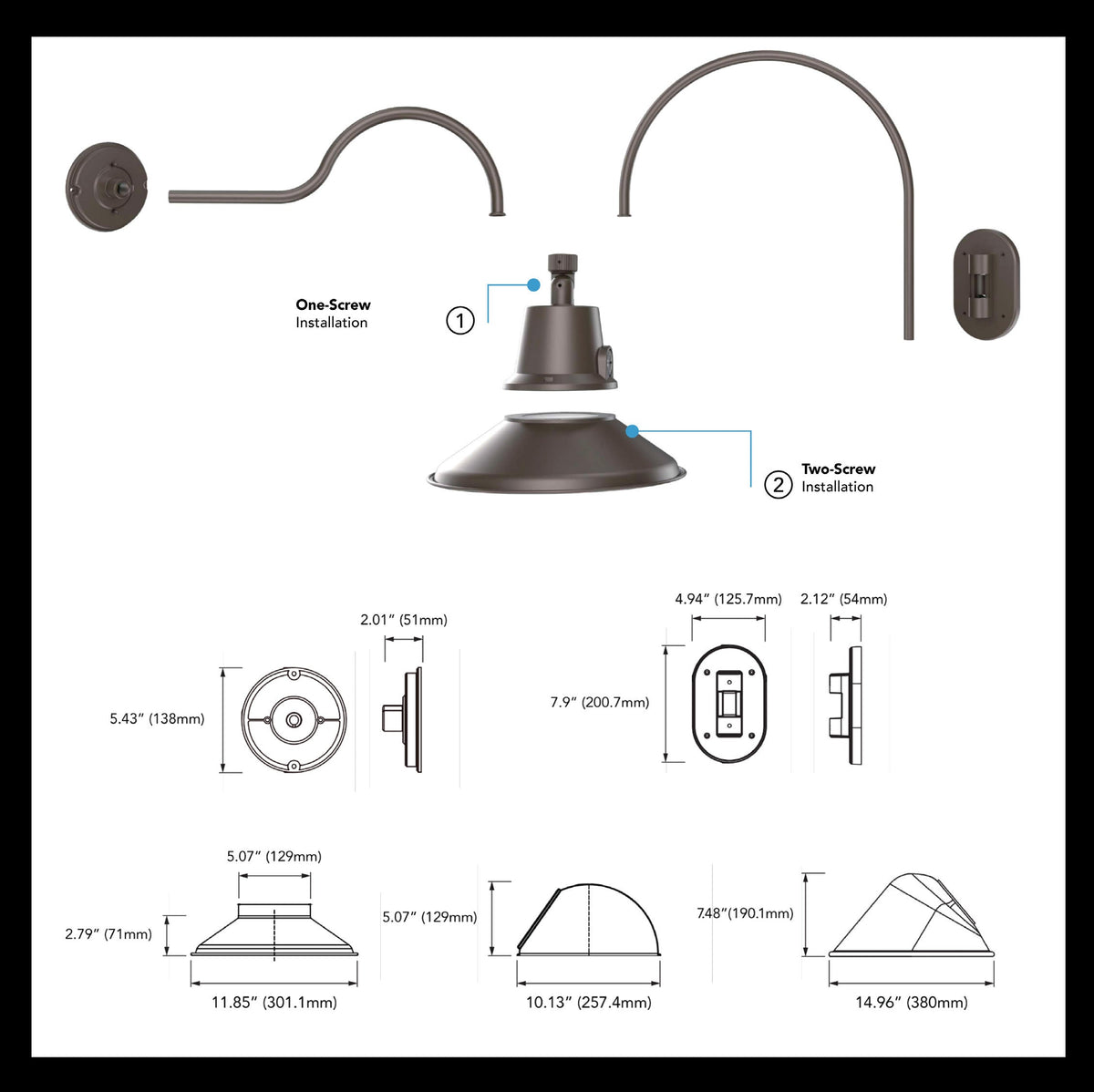 RENO Veil standard straight shade, gooseneck components and optional shade dimensions